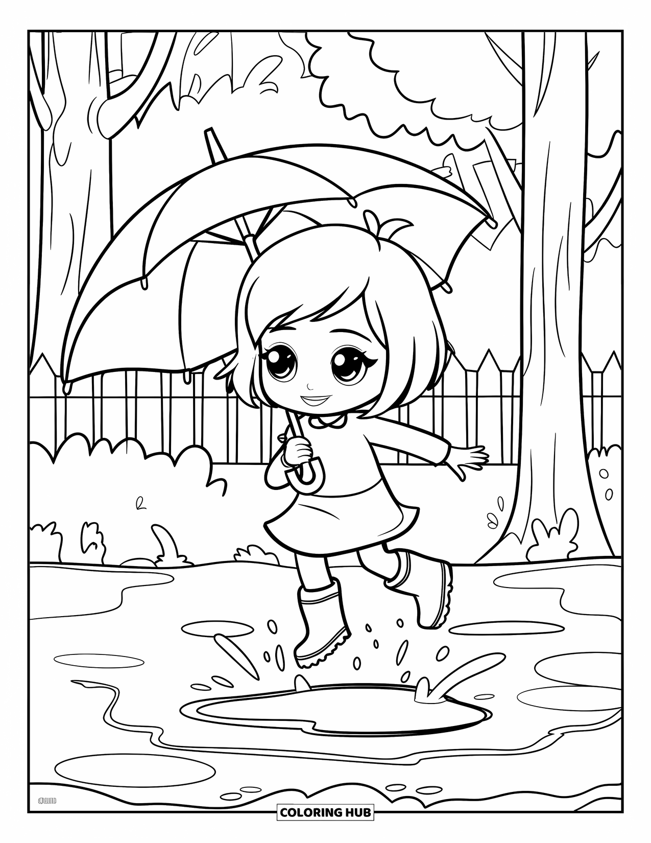 Chibi Girl Coloring Page for Kids: A chibi girl in boots jumps in a puddle holding an umbrella with joy