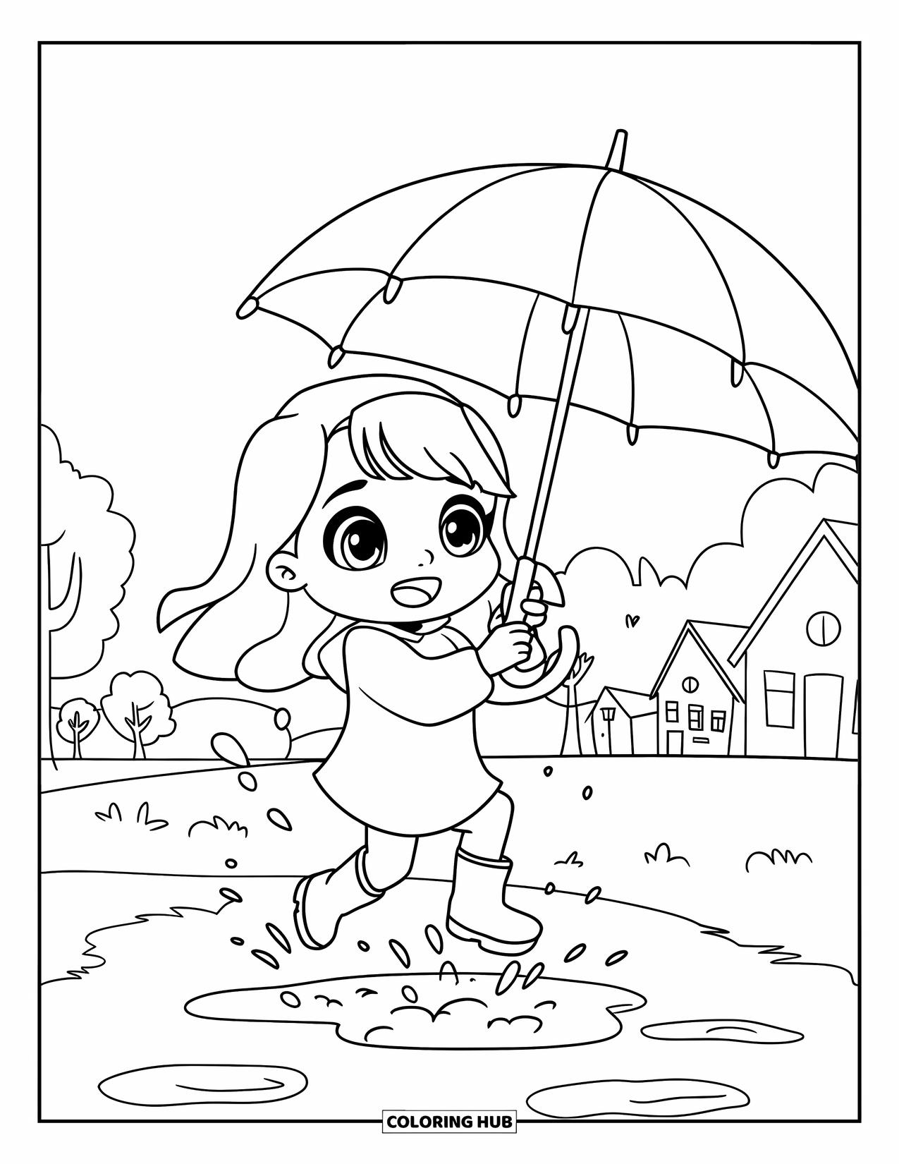 Chibi Girl Coloring Page for Kids: A chibi girl jumps in a puddle with her umbrella in a peaceful setting