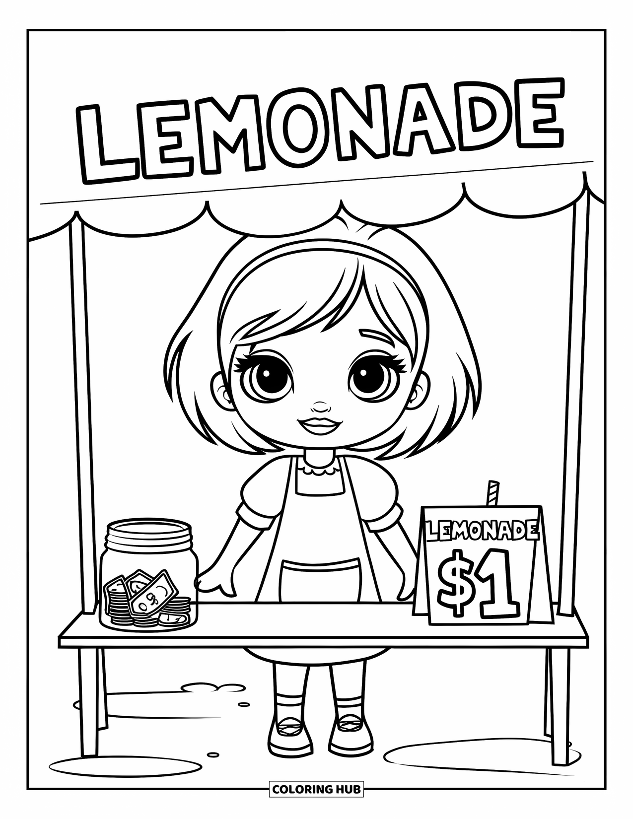 Chibi Girl Coloring Page for Kids: A chibi girl offers lemonade at her stand with a cute price sign