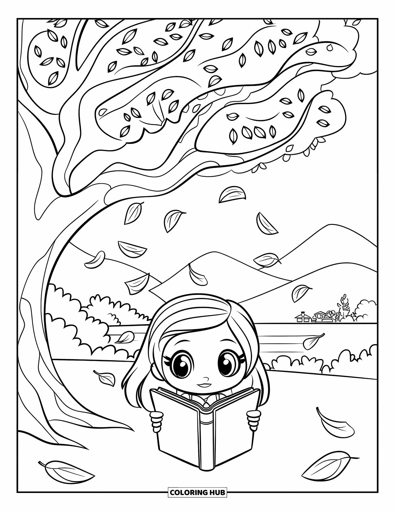Chibi Girl Coloring Page for Kids: A chibi girl reads under a tree as leaves fall around her peacefully