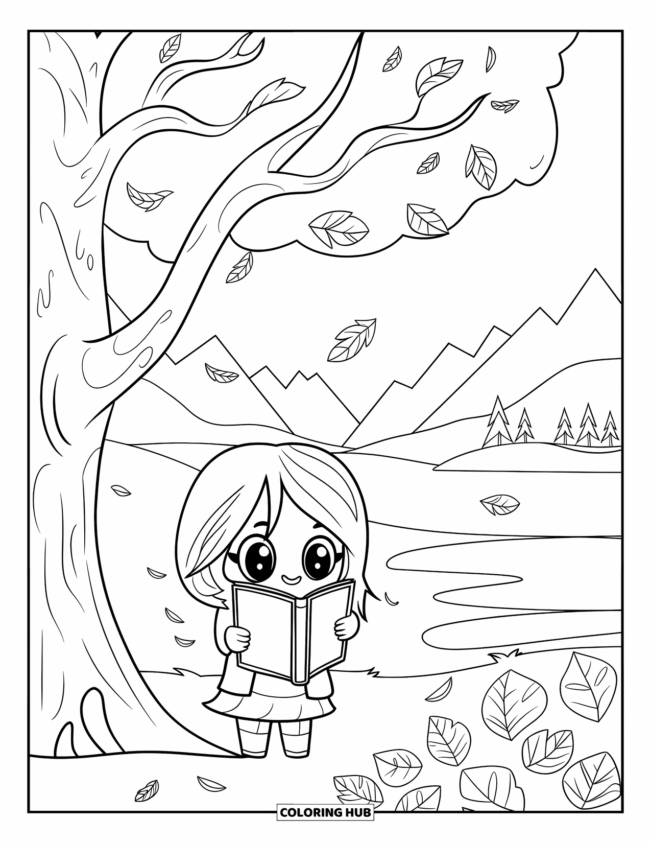 Chibi Girl Coloring Page for Kids: A chibi girl reads under a tree with falling leaves near mountains and water