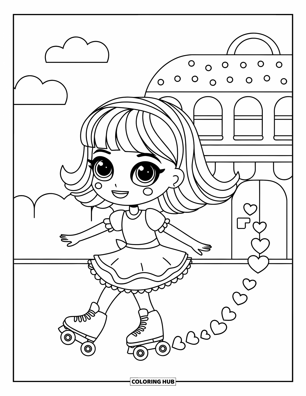 Chibi Girl Coloring Page for Kids: A chibi girl roller skates with a trail of hearts behind her