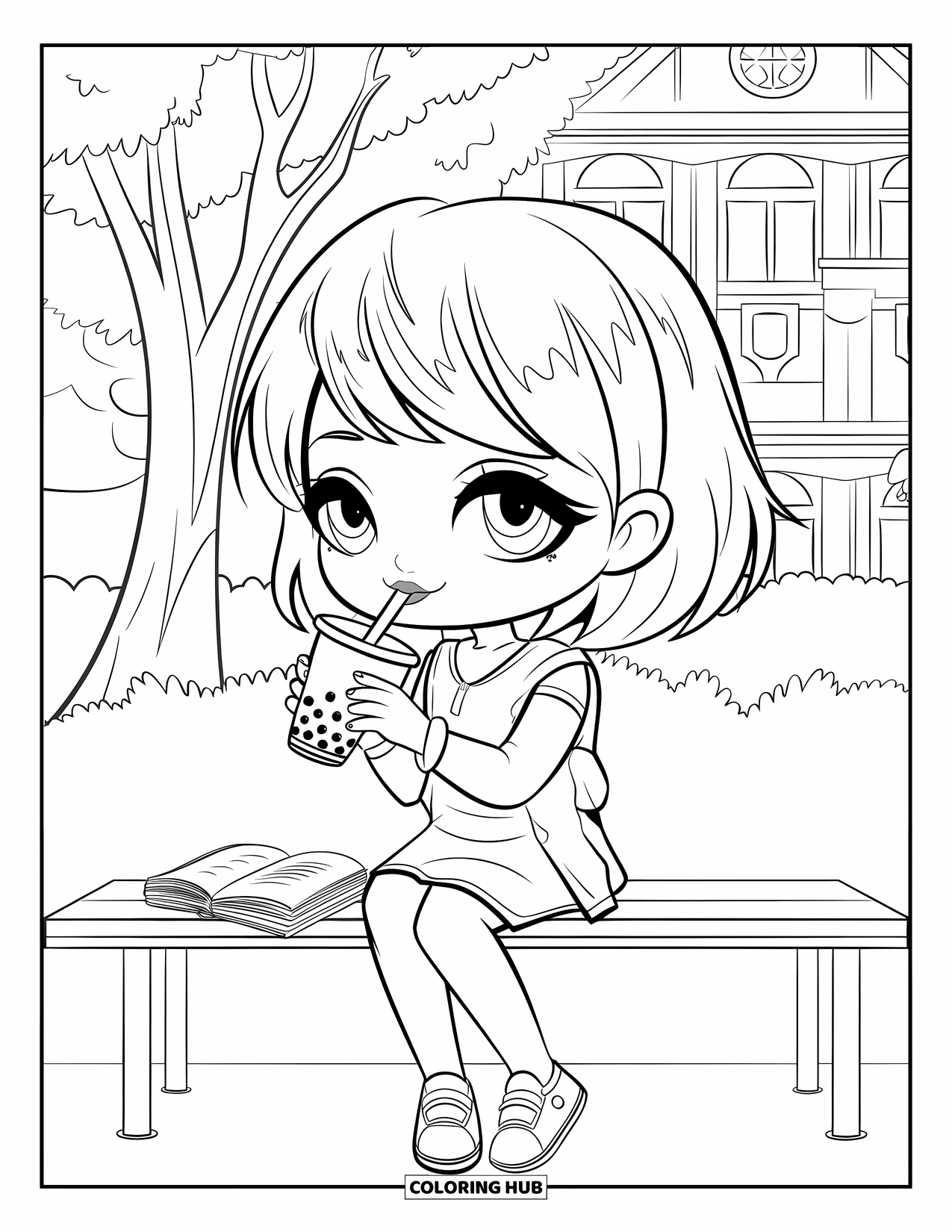 Chibi Girl Coloring Page for Kids: A chibi girl sips bubble tea on a bench with a book beside her