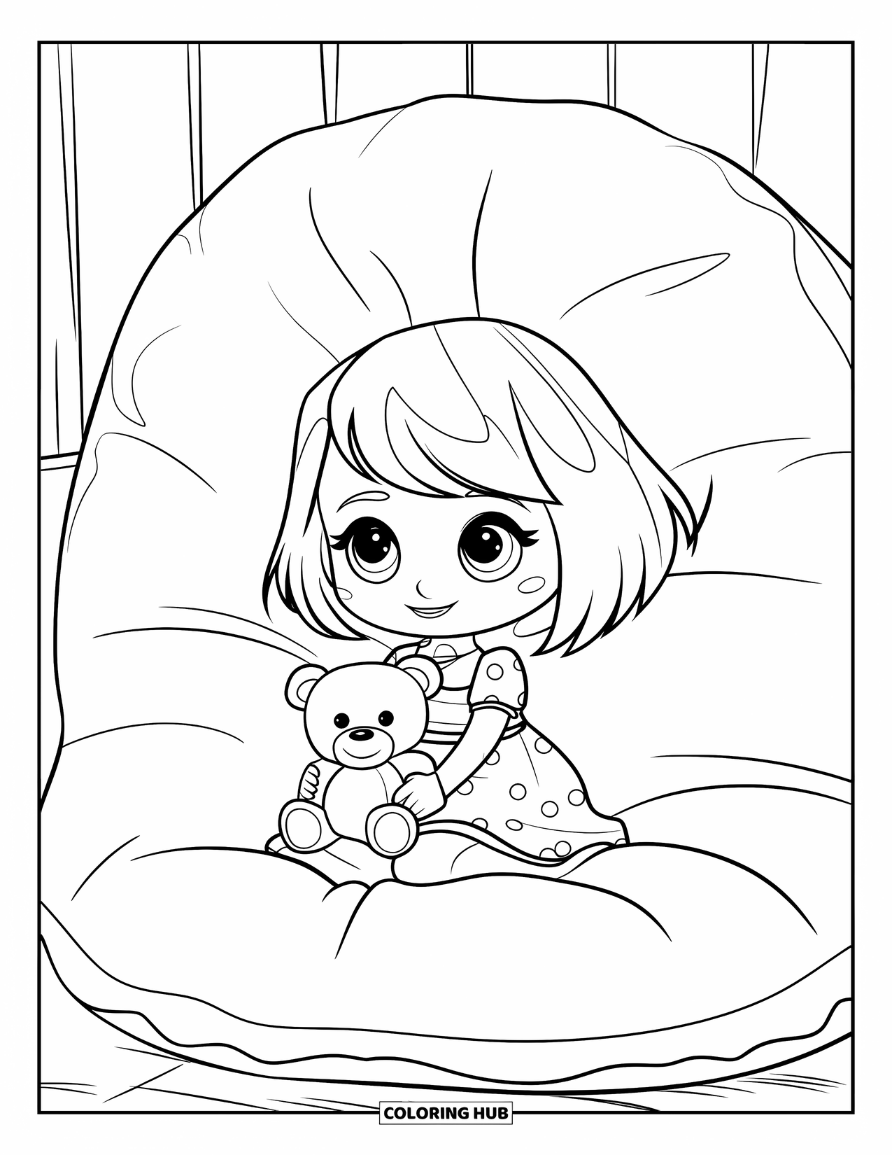Chibi Girl Coloring Page for Kids: A chibi girl sits on a giant cushion hugging a teddy bear tightly