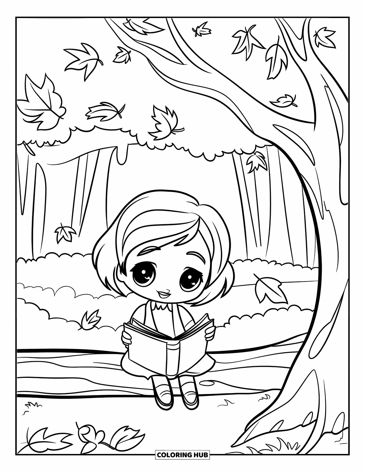 Chibi Girl Coloring Page for Kids: A chibi girl sits on a log reading beneath a leafy tree in the forest