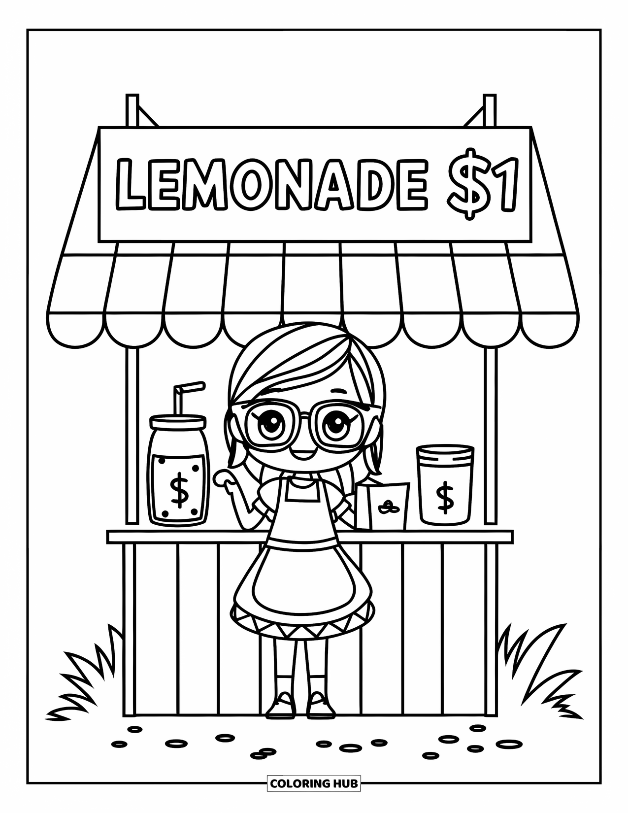 Chibi Girl Coloring Page for Kids: A chibi girl stands at her lemonade stand with a money jar beside her