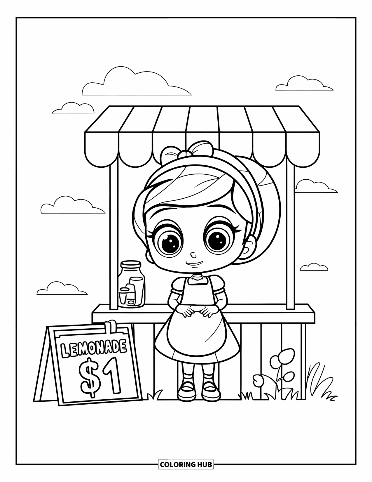 Chibi Girl Coloring Page for Kids: A chibi girl with a yellow hat runs a lemonade stand on a sunny day