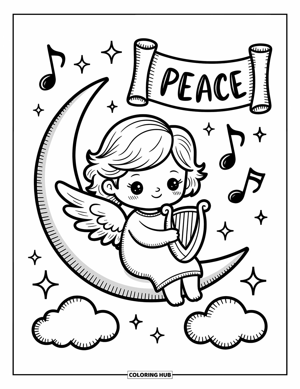 Christian Coloring Page for Adults: A chibi angel plays a tiny harp while sitting on a crescent moon, surrounded by stars and clouds