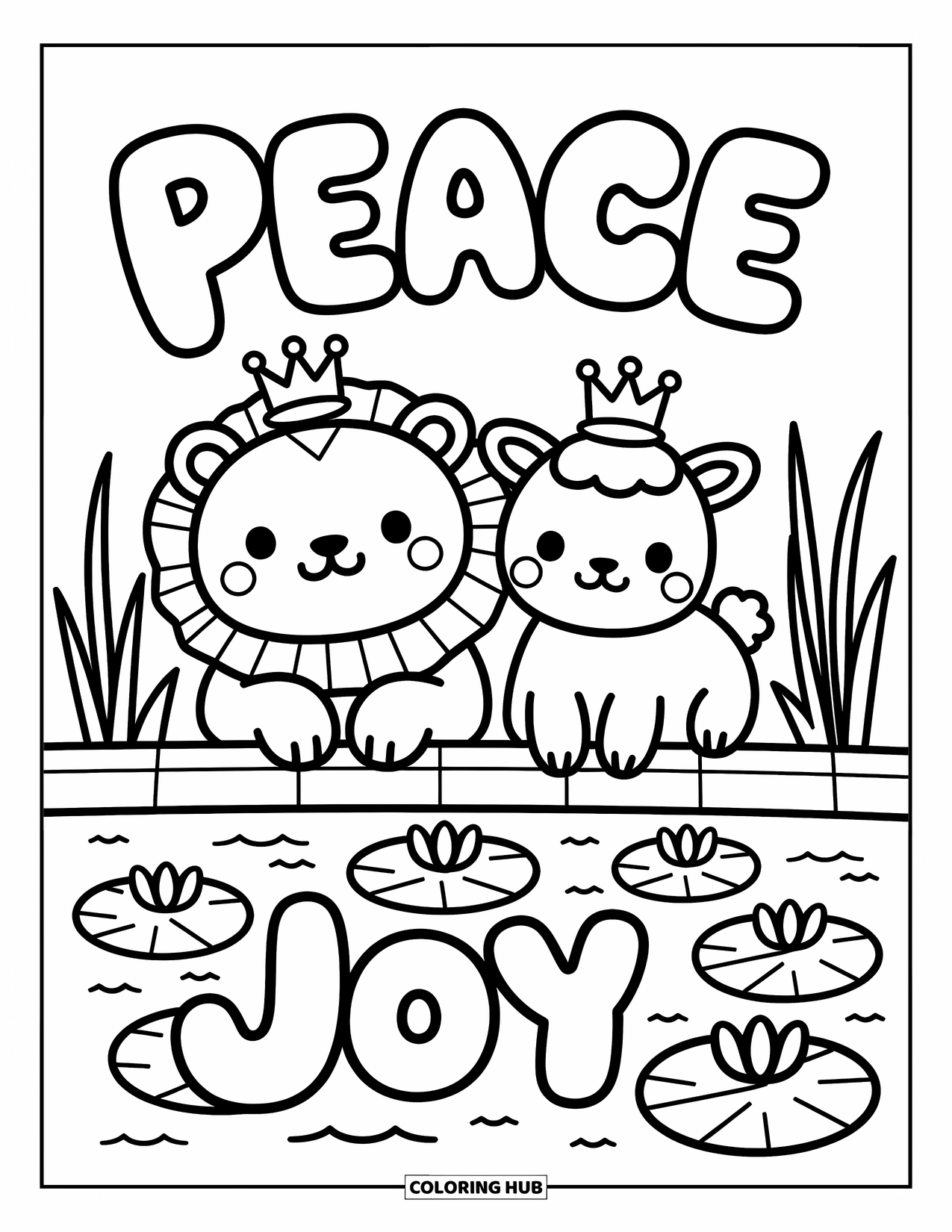 Christian Coloring Page for Adults: A chubby lion and lamb with crowns relax beside a pond with lily pads spelling sweet words