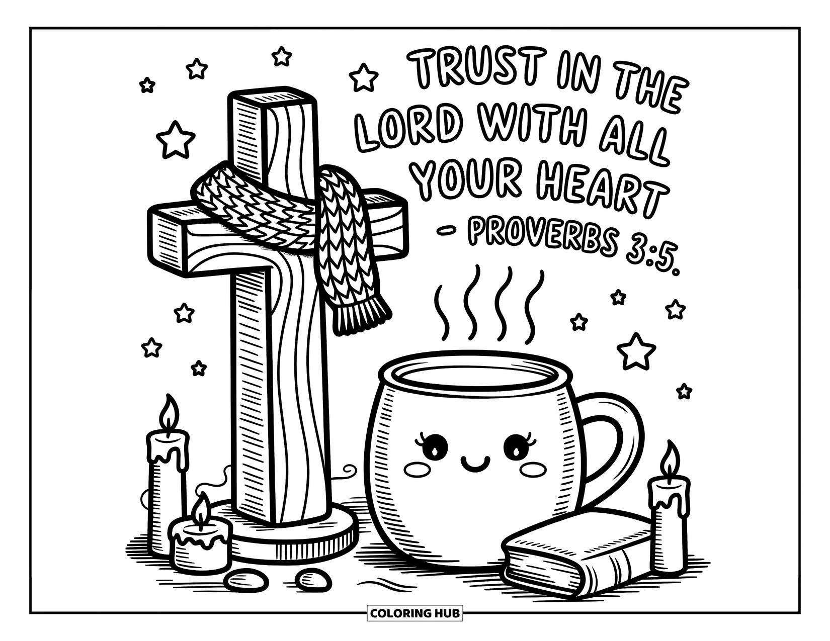 Christian Coloring Page for Adults: A cozy wooden cross and a warm mug sit together, surrounded by twinkling candles and books