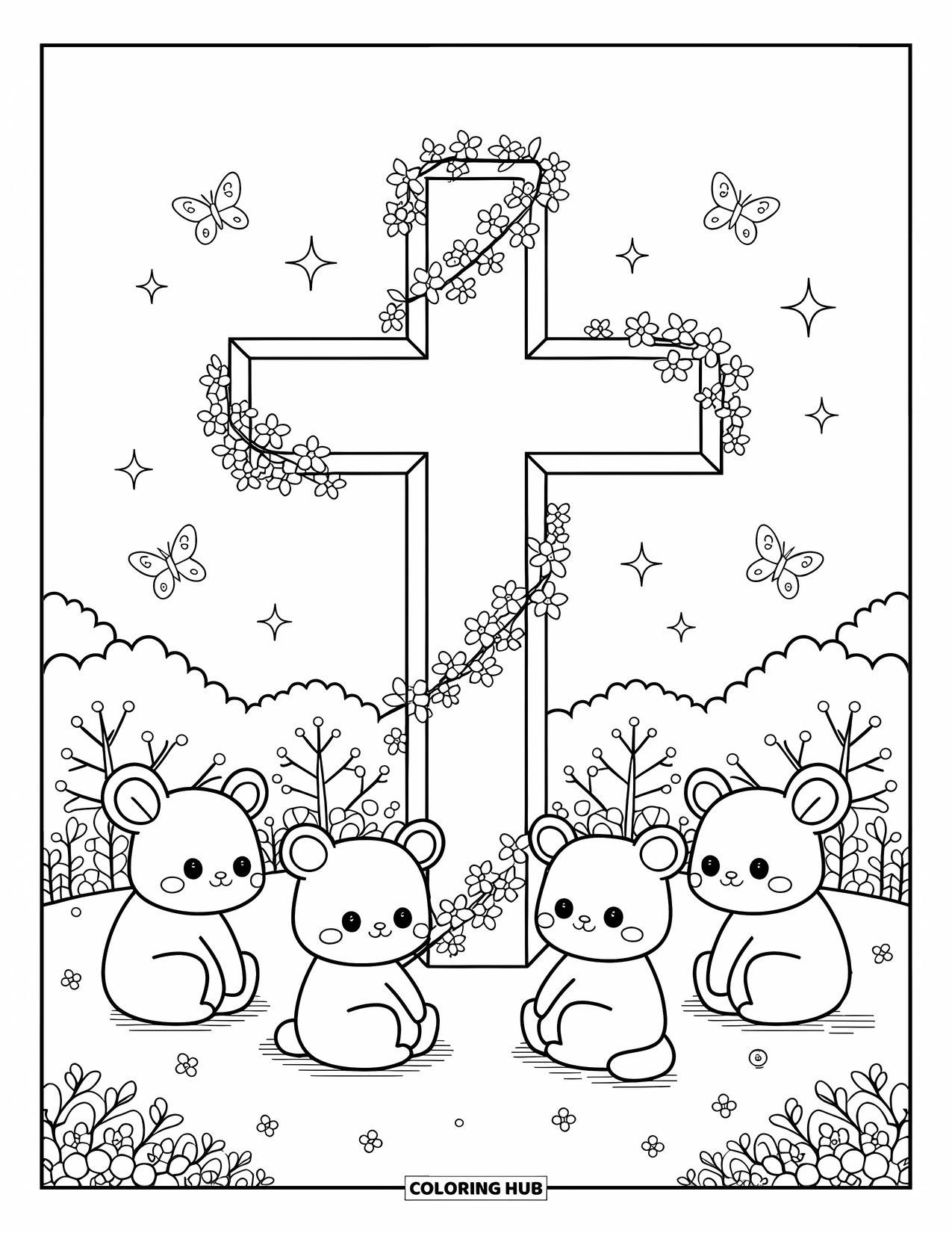 Christian Coloring Page for Adults: A cross covered in ivy and blossoms stands among adorable forest animals, butterflies, and tiny sparkles