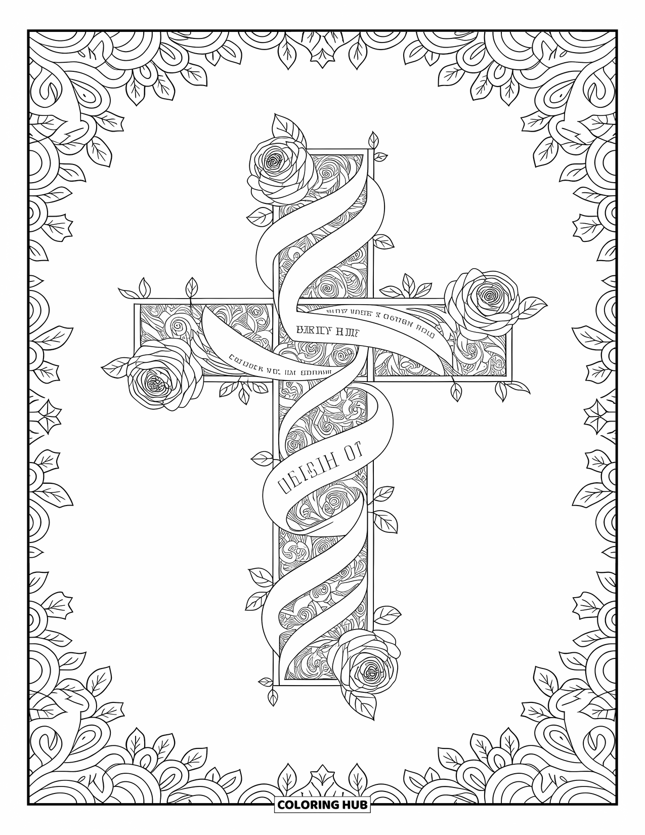 Christian Coloring Page for Adults: A cross made of roses, vines, and scripture banners sits framed by swirling floral designs
