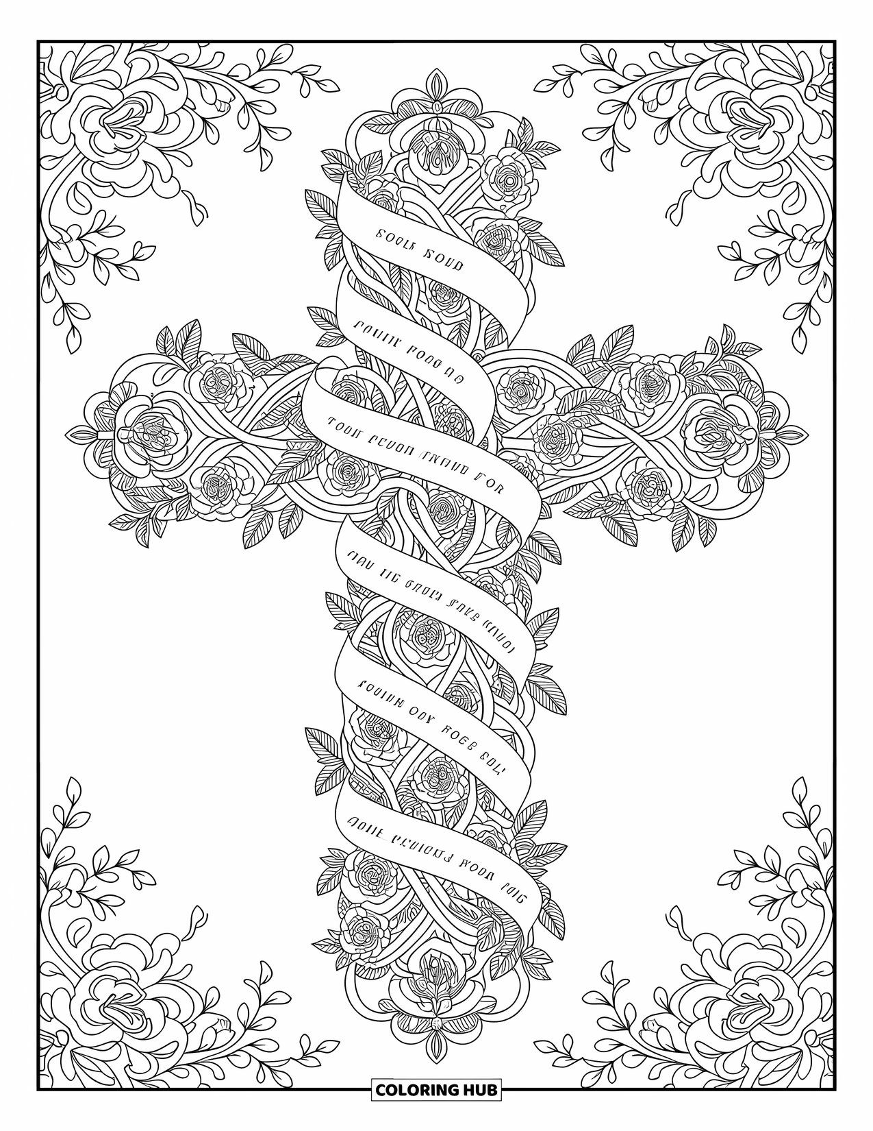 Christian Coloring Page for Adults: A cross woven with vines, roses, and scripture banners is surrounded by intricate floral patterns
