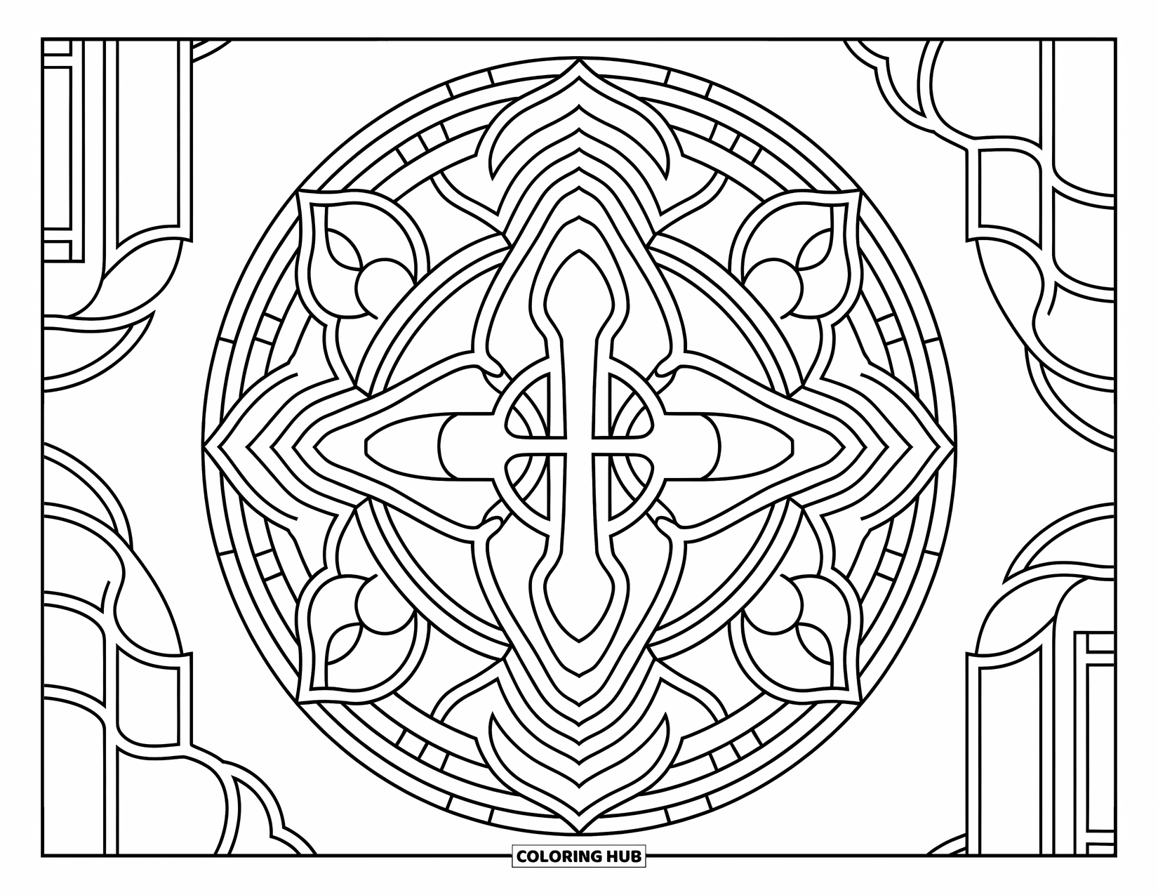 Christian Coloring Page for Adults: A mandala centered around the Ichthys symbol is filled with delicate, intricate sacred patterns