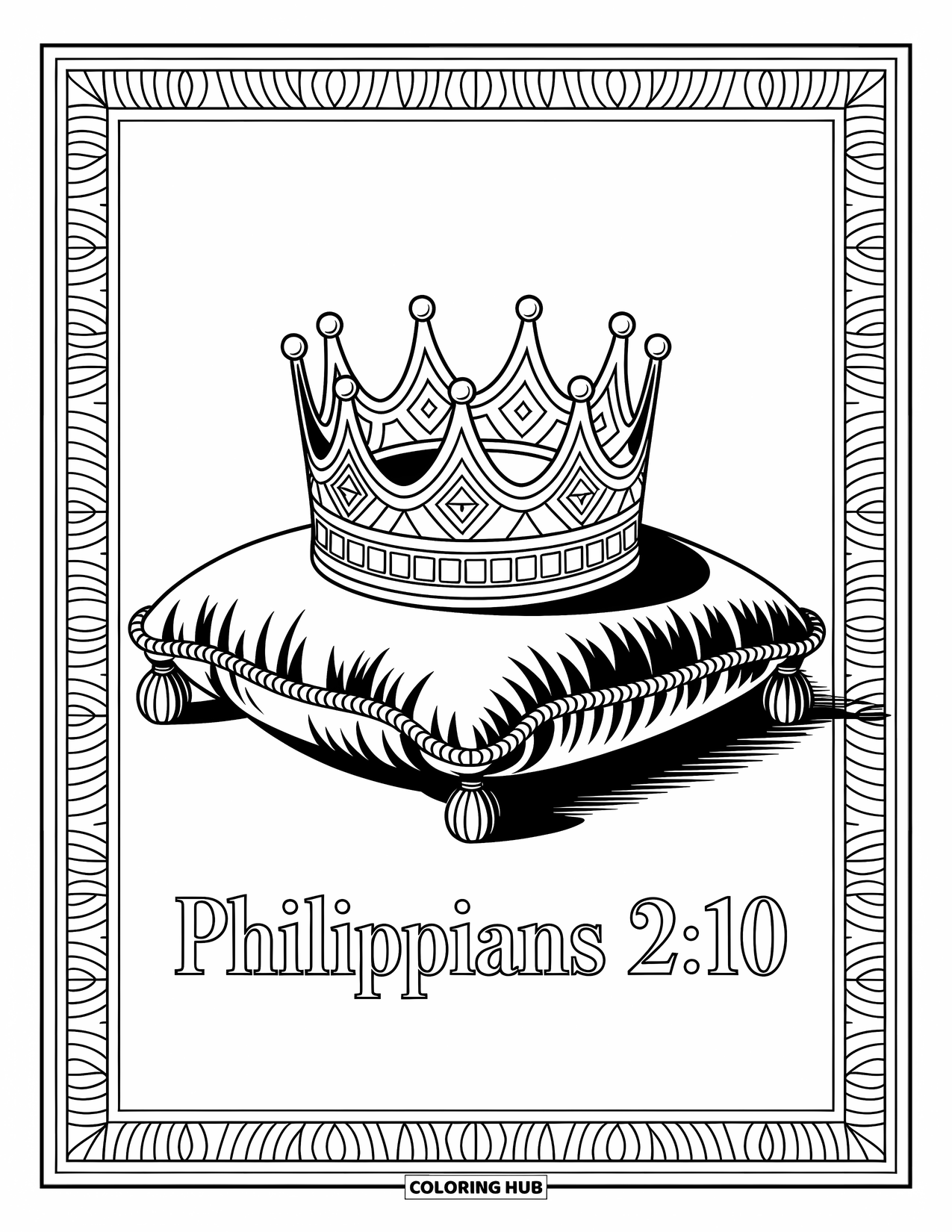Christian Coloring Page for Adults: A mosaic-style crown rests on a cushion with "Philippians 2:10" written elegantly below