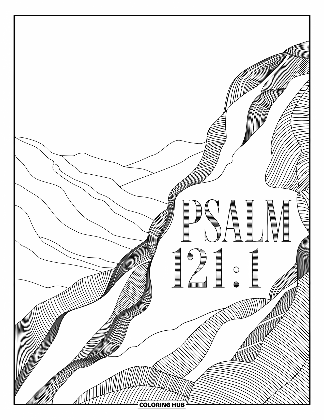 Christian Coloring Page for Adults: A peaceful mountain landscape holds "Psalm 121:1" etched into the rocks under a clear sky