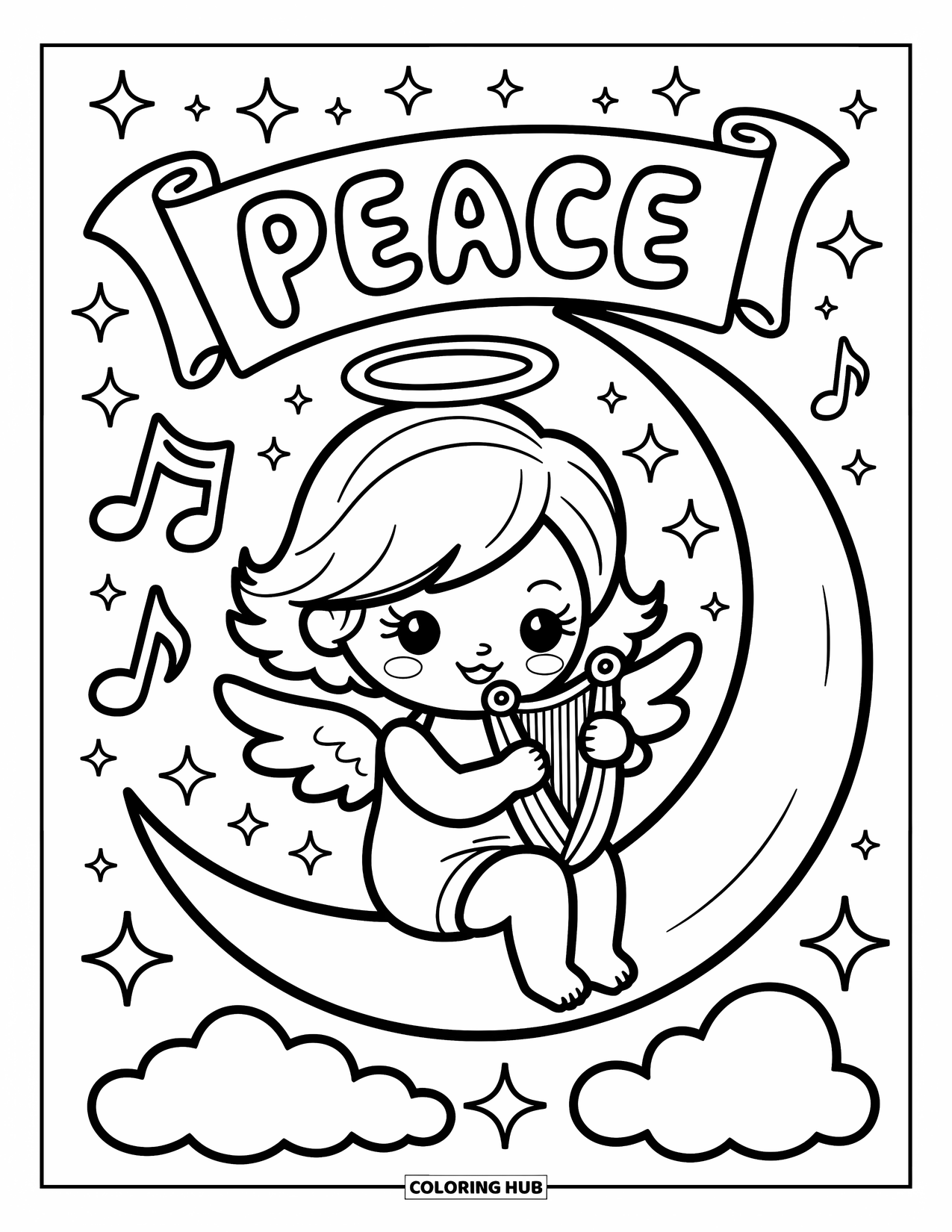 Christian Coloring Page for Adults: A sweet angel with feathery wings plays a harp on a crescent moon under stars and musical notes