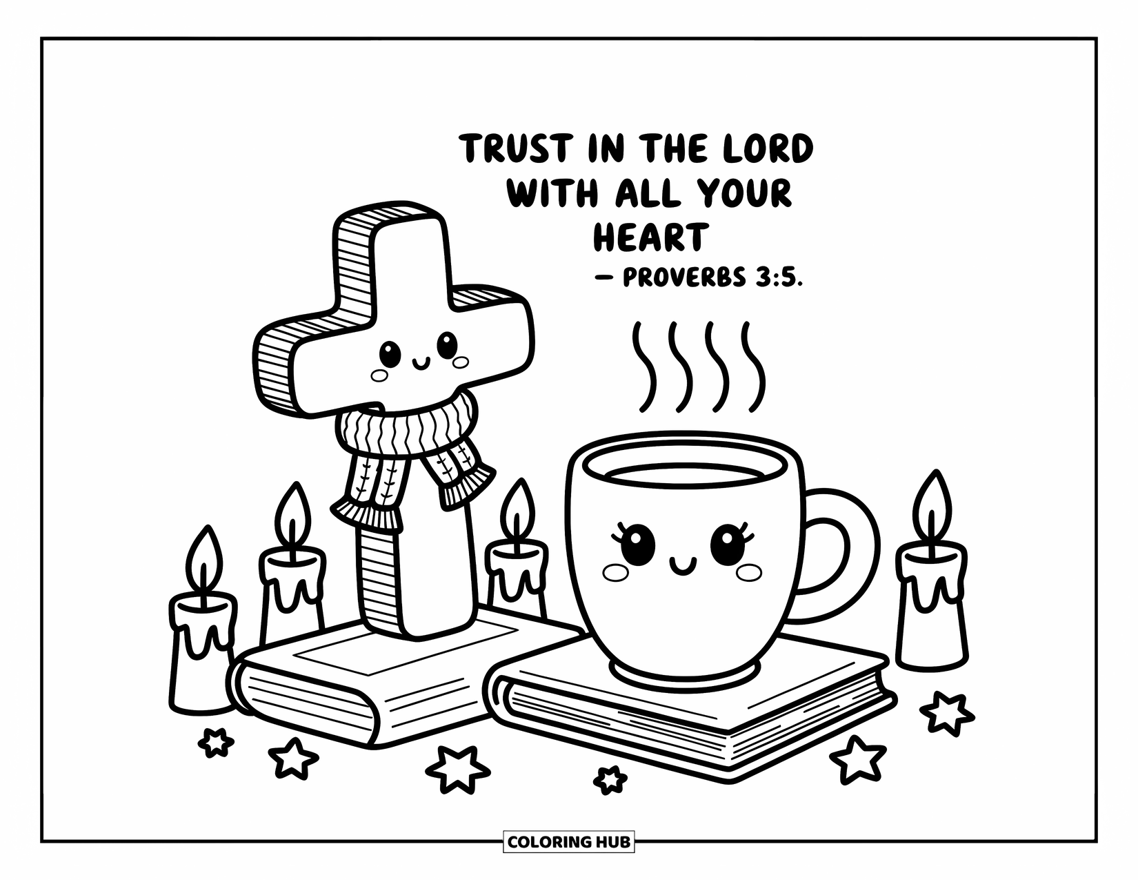 Christian Coloring Page for Adults: A wooden cross with a knitted scarf stands next to a steaming mug and tiny cozy items