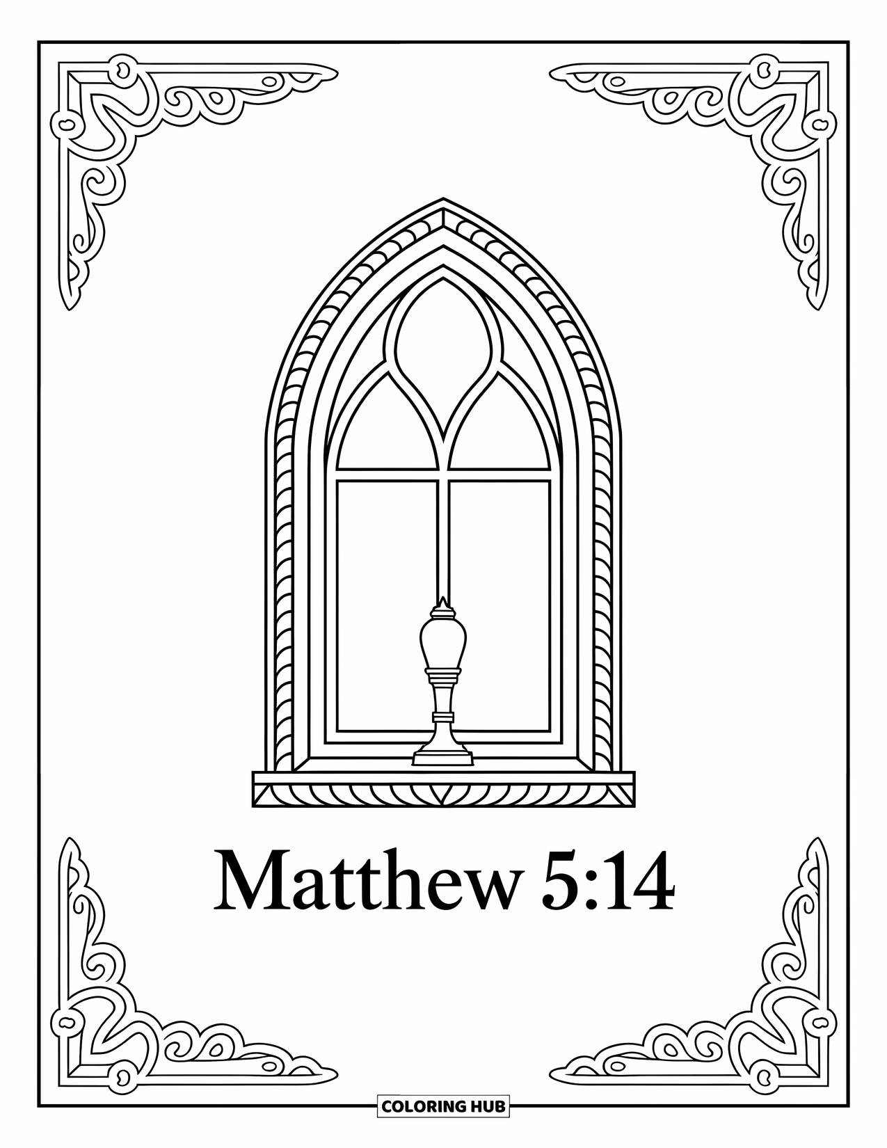 Christian Coloring Page for Adults: An arched church window frames a glowing lamp with "Matthew 5:14" below in elegant script