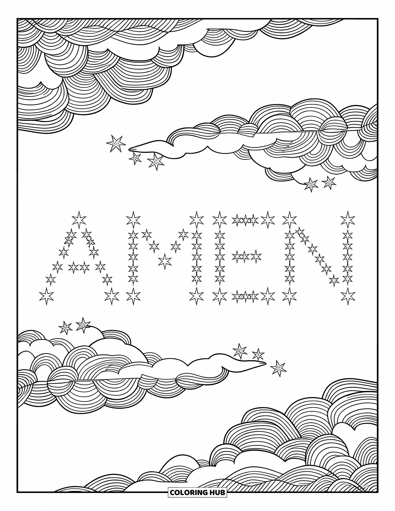 Christian Coloring Page for Adults: Stars form the word "Amen" across a celestial sky filled with clouds and gentle patterns