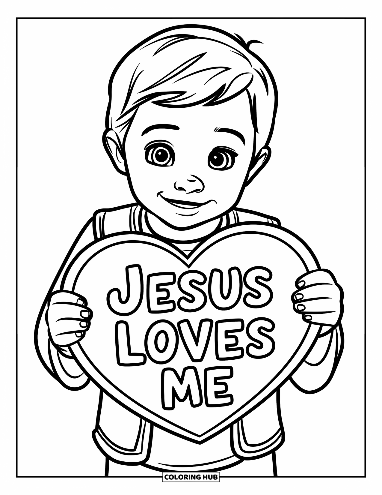 Christian Coloring Page for Kids: A cheerful child holds a "Jesus Loves Me" heart sign while wearing a vest and a smile