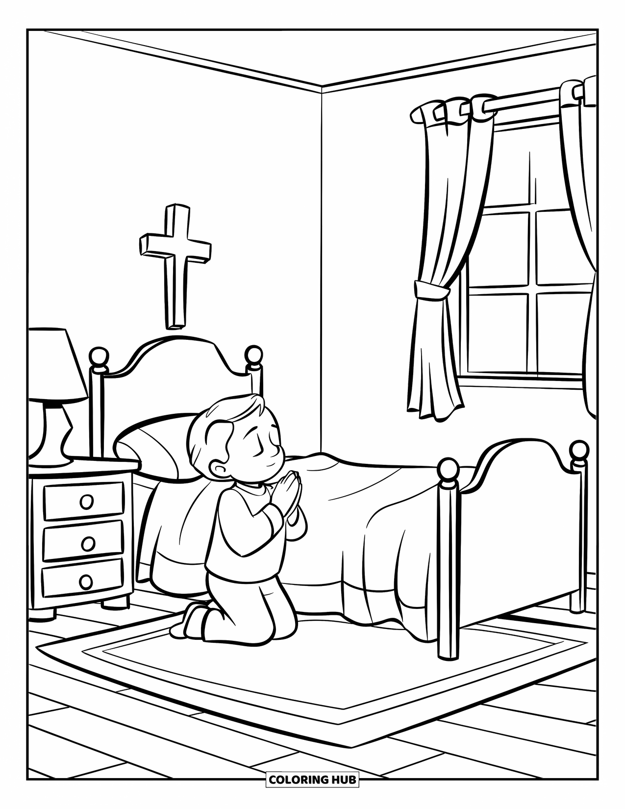 Christian Coloring Page for Kids: A child prays beside a cozy bed with a rug, nightstand, lamp, and cross nearby