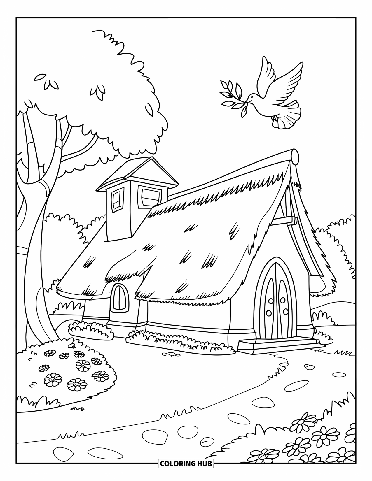 Christian Coloring Page for Kids: A dove carrying a branch soars over a church with trees, flowers, and a winding path