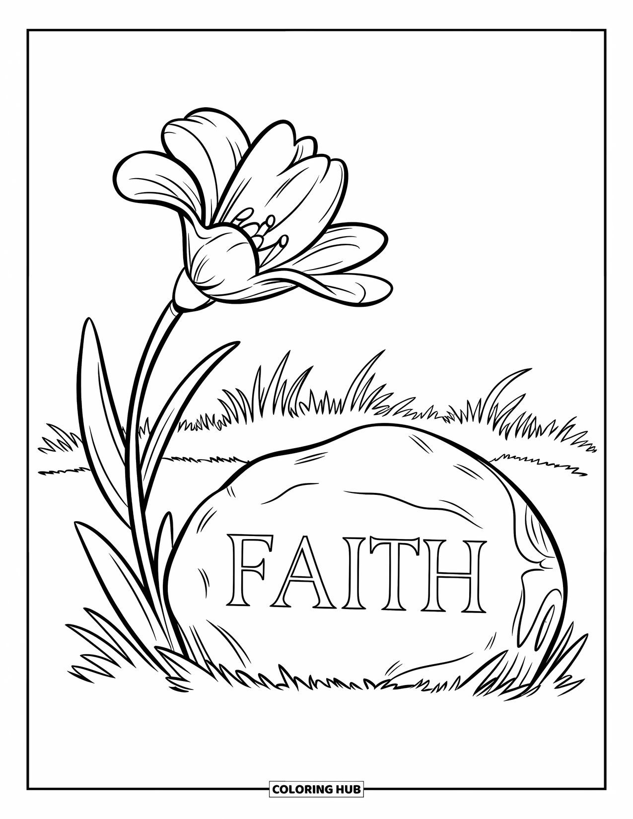 Christian Coloring Page for Kids: A flower blooms beside a stone carved with the word "Faith" in a grassy field