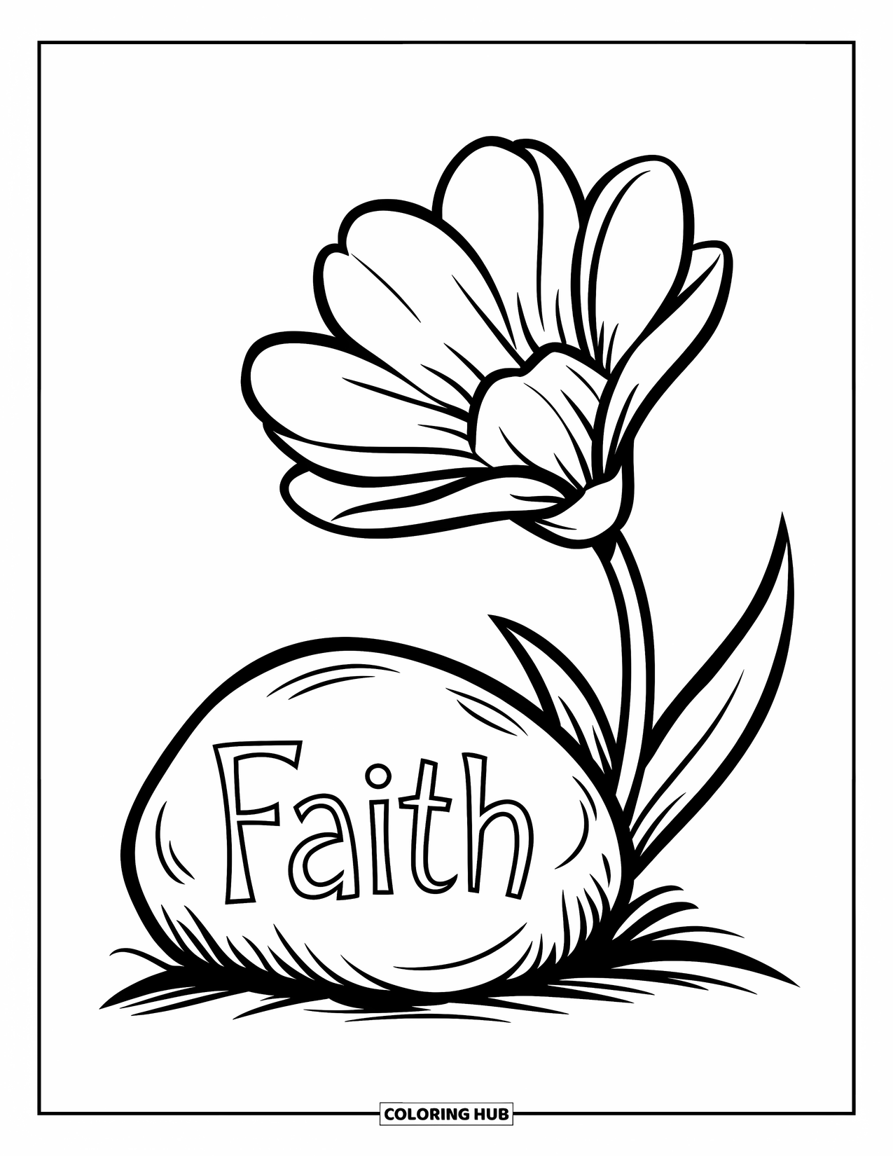 Christian Coloring Page for Kids: A flower with a single petal blooms next to a stone marked "Faith"