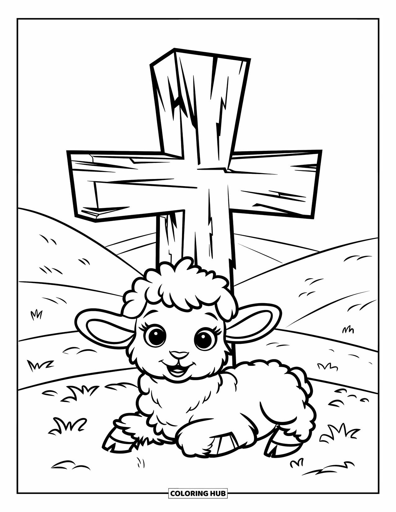 Christian Coloring Page for Kids: A fluffy lamb with black markings lies by a weathered wooden cross among hills and rocks