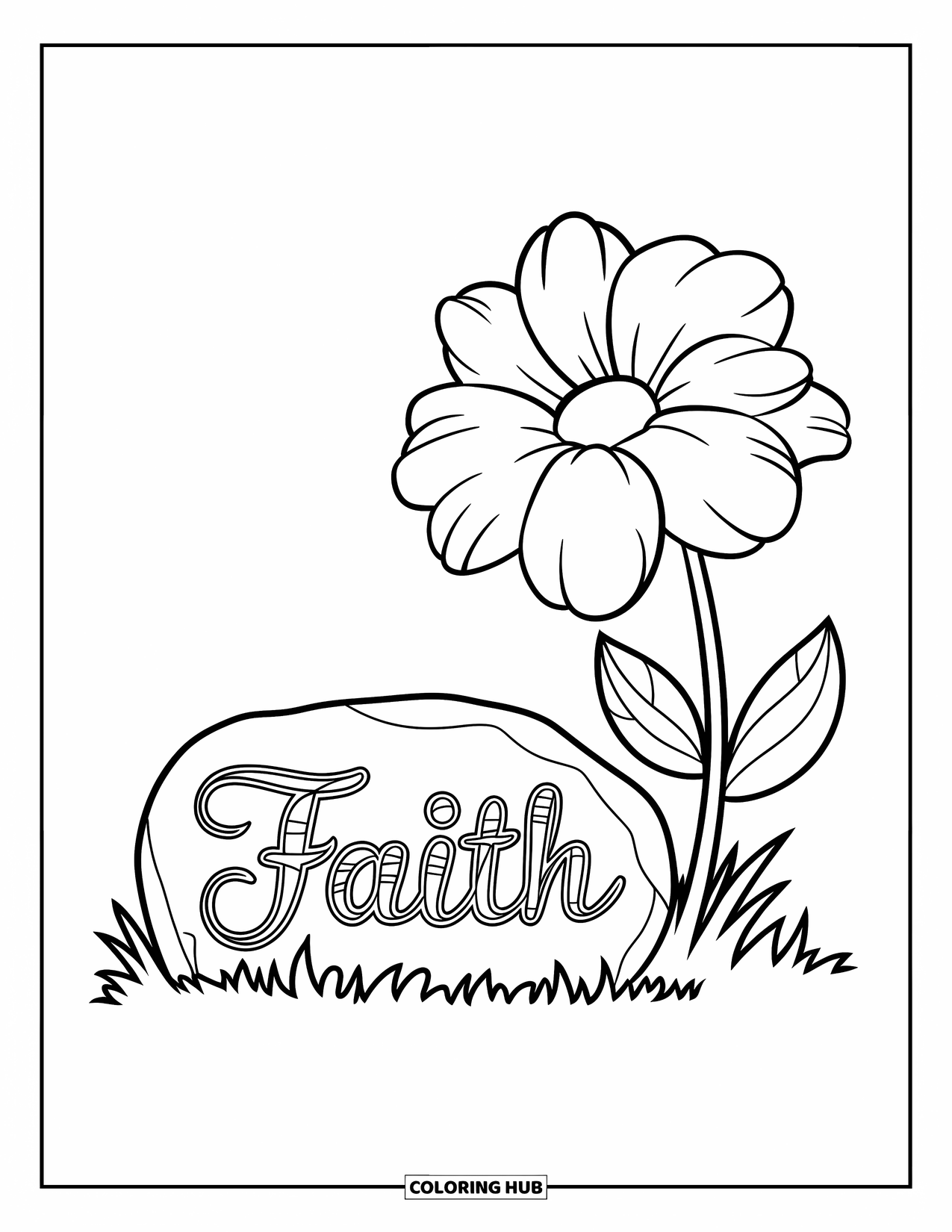 Christian Coloring Page for Kids: A full-bloom flower stands beside a stone with the word "Faith" in decorative script