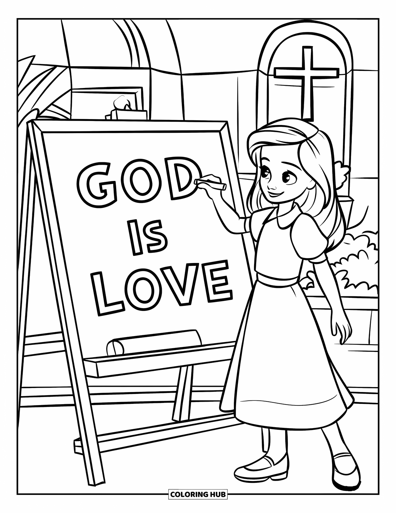 Christian Coloring Page for Kids: A girl writes "God is Love" on a chalkboard during Sunday school near a bright window
