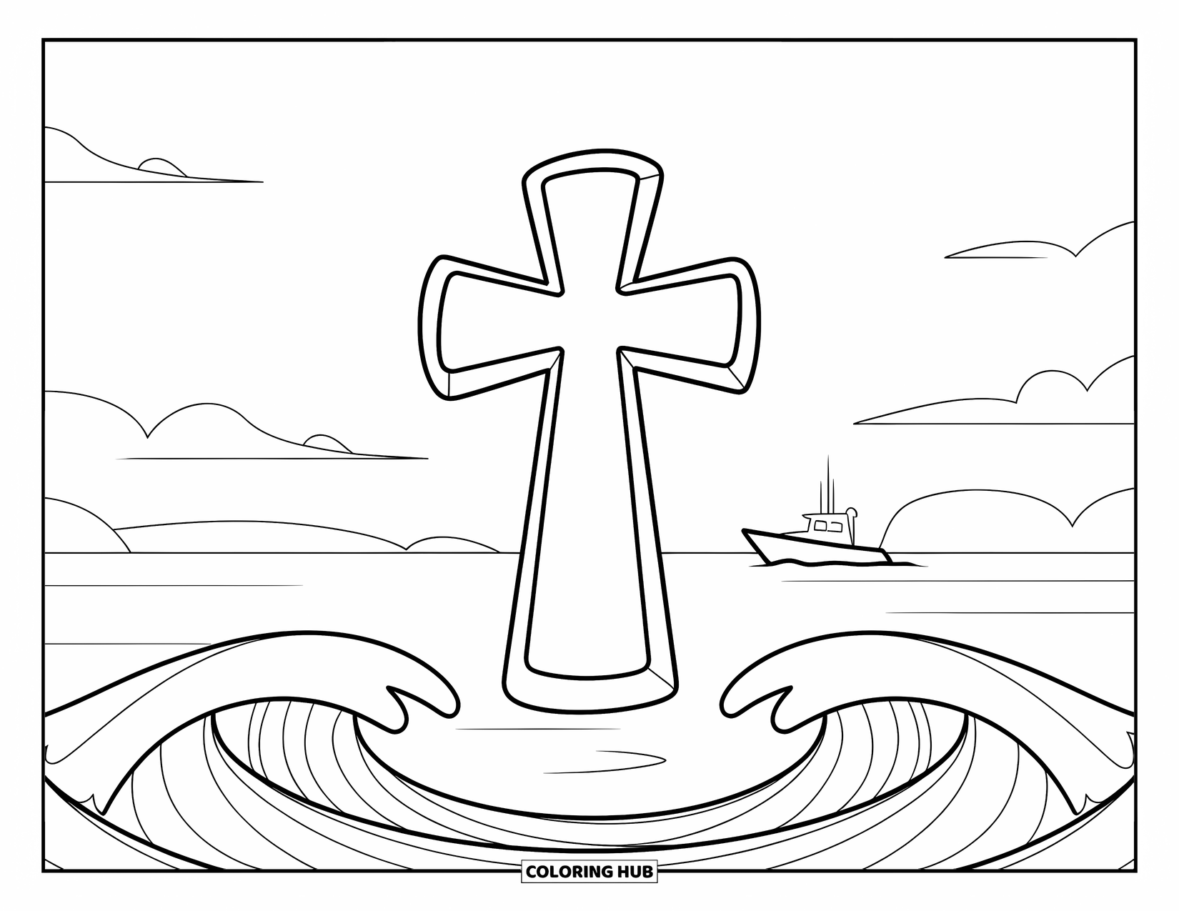 Christian Coloring Page for Kids: A glowing cross floats above the waves with a small boat on the distant horizon