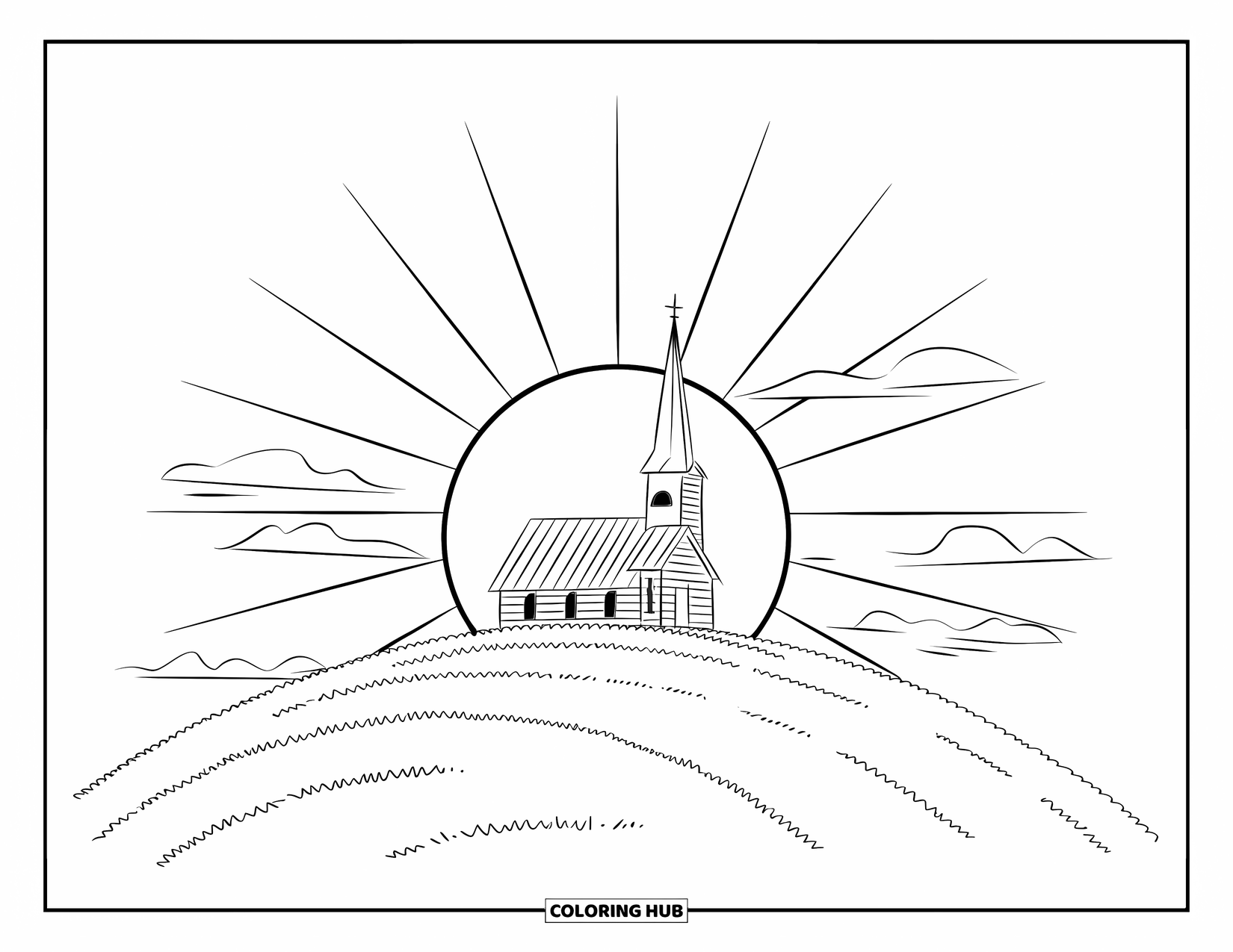 Christian Coloring Page for Kids: A hilltop church with a tall steeple stands under a beaming sun and soft clouds