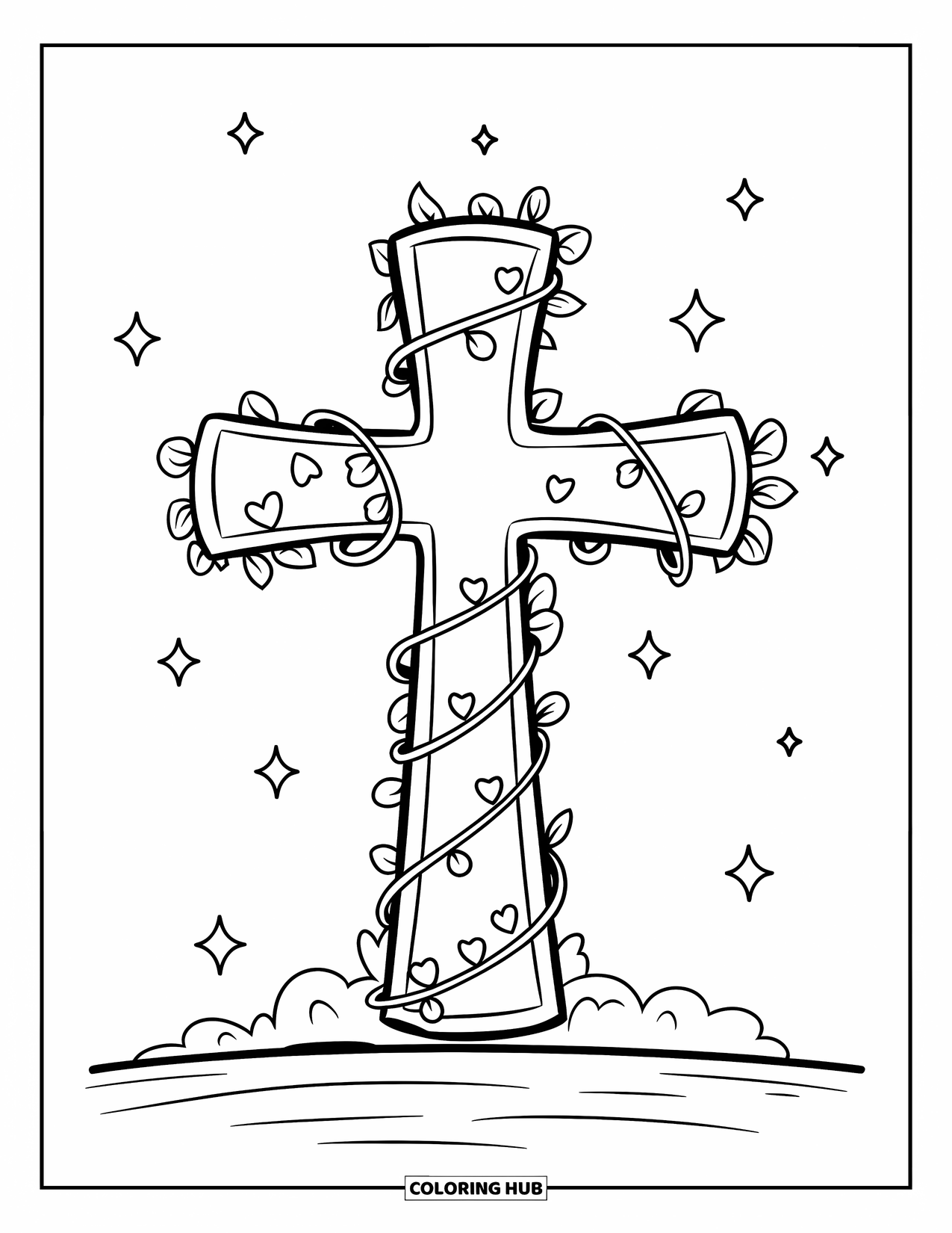 Christian Coloring Page for Kids: A large cross wrapped in vines with hearts and stars stands on a flat surface