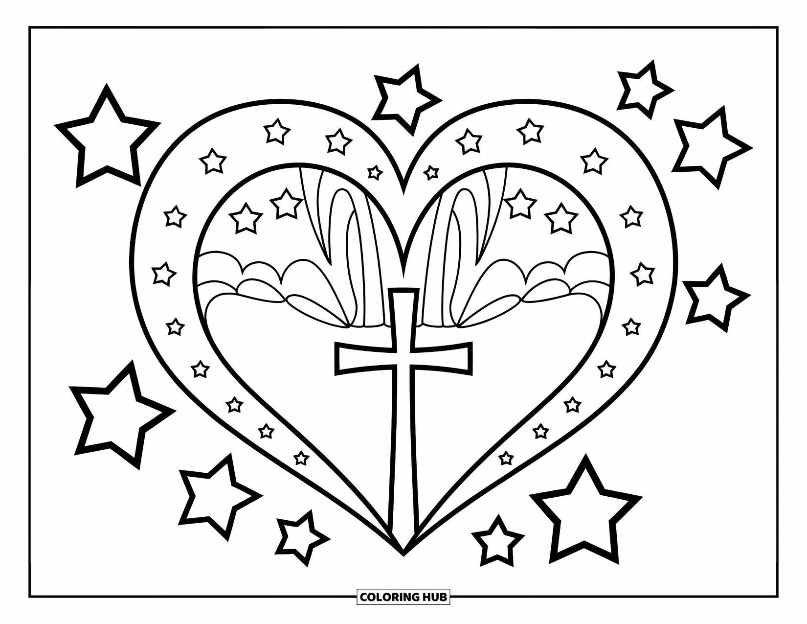 Christian Coloring Page for Kids: A large heart with a cross at its center is surrounded by playful little stars