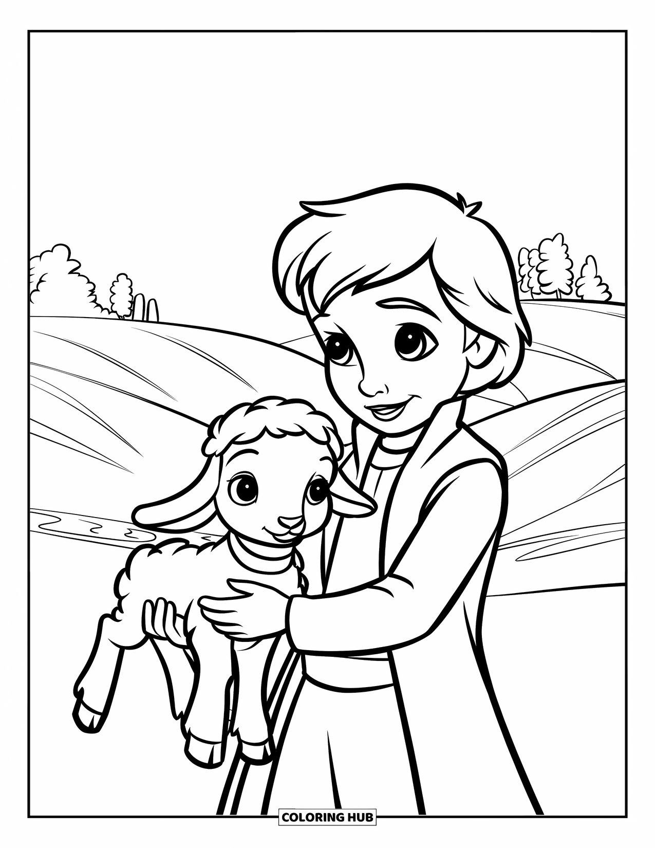 Christian Coloring Page for Kids: A shepherd boy hugs a lamb with rolling green hills and trees in the background