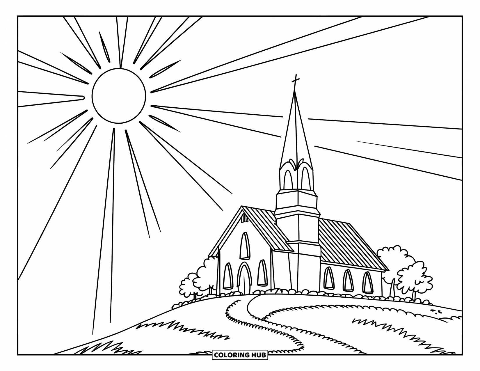 Christian Coloring Page for Kids: A small church with a steeple stands on a hill under a sun with shining rays