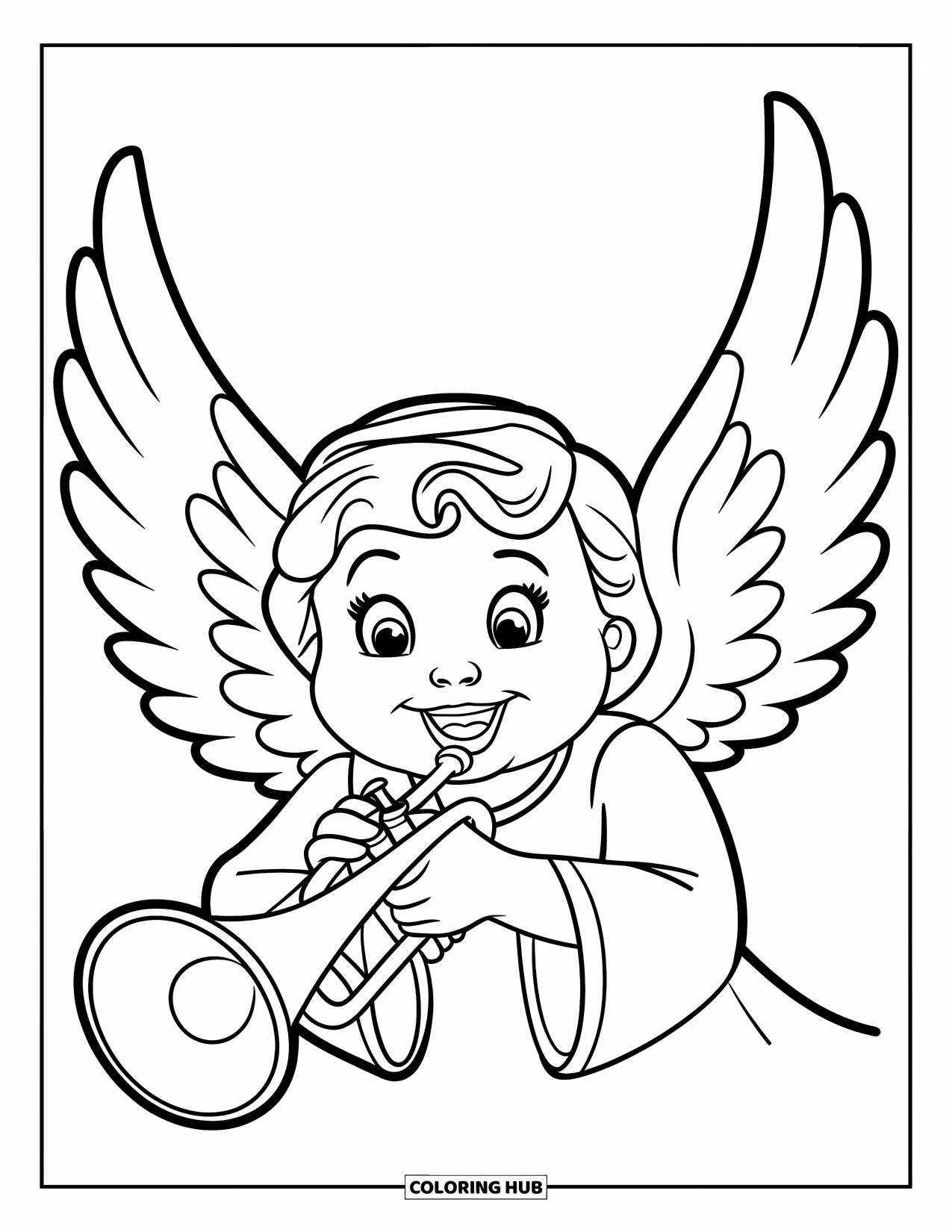 Christian Coloring Page for Kids: A smiling angel with a trumpet and fluffy wings floats joyfully on a clear background