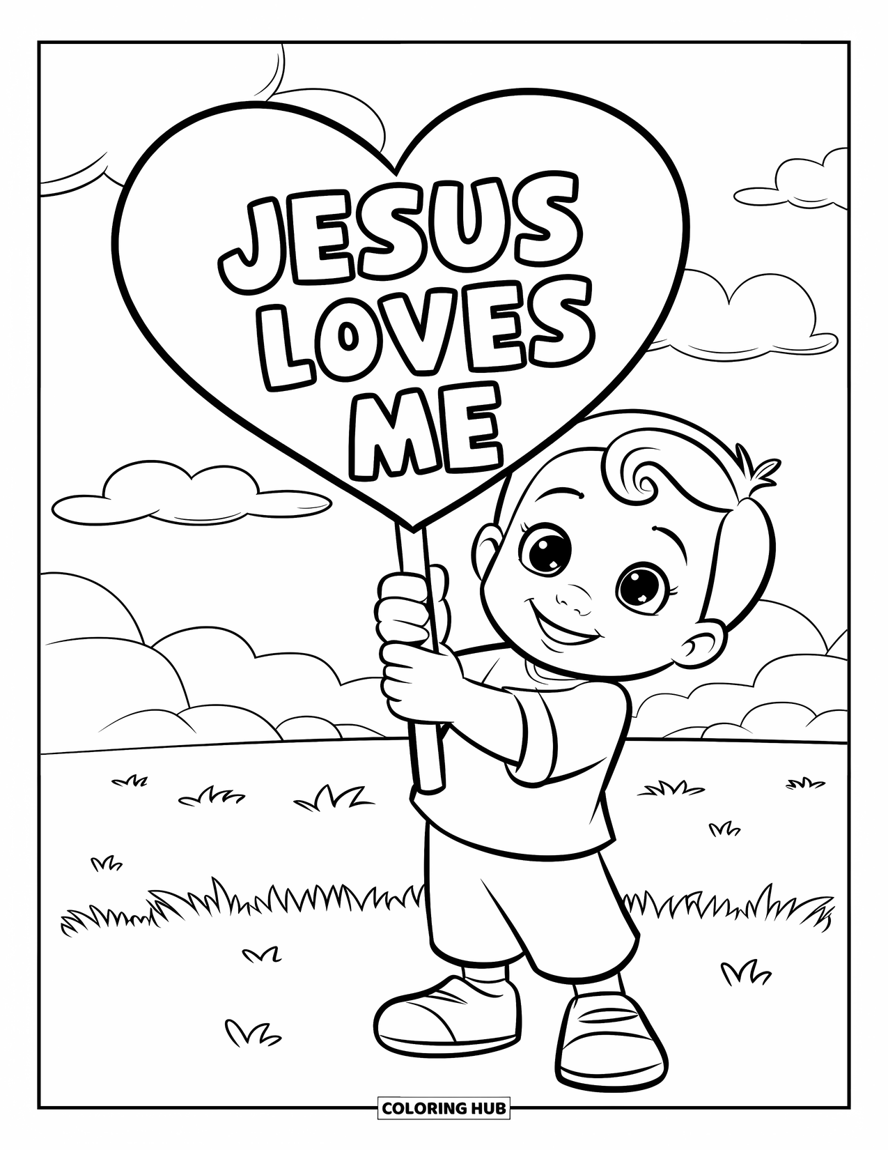 Christian Coloring Page for Kids: A smiling child holds a "Jesus Loves Me" sign while standing on a grassy field under bright skies