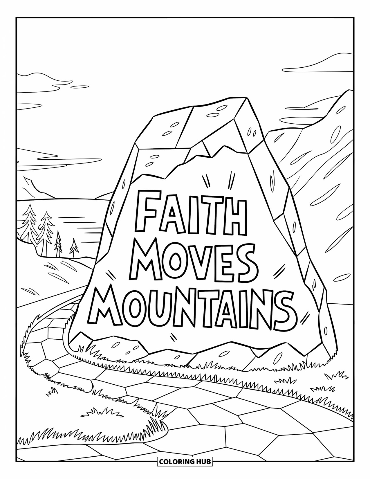 Christian Coloring Page for Kids: A stone sign reading "Faith Moves Mountains" stands tall on a winding mountain path