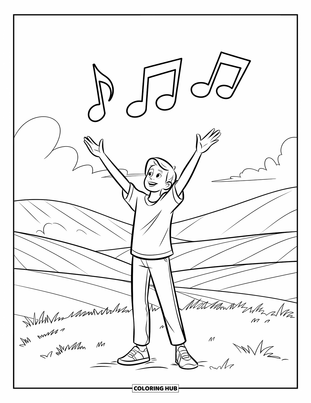 Christian Coloring Page for Kids: A teen praises with arms raised in a wide field under floating music notes