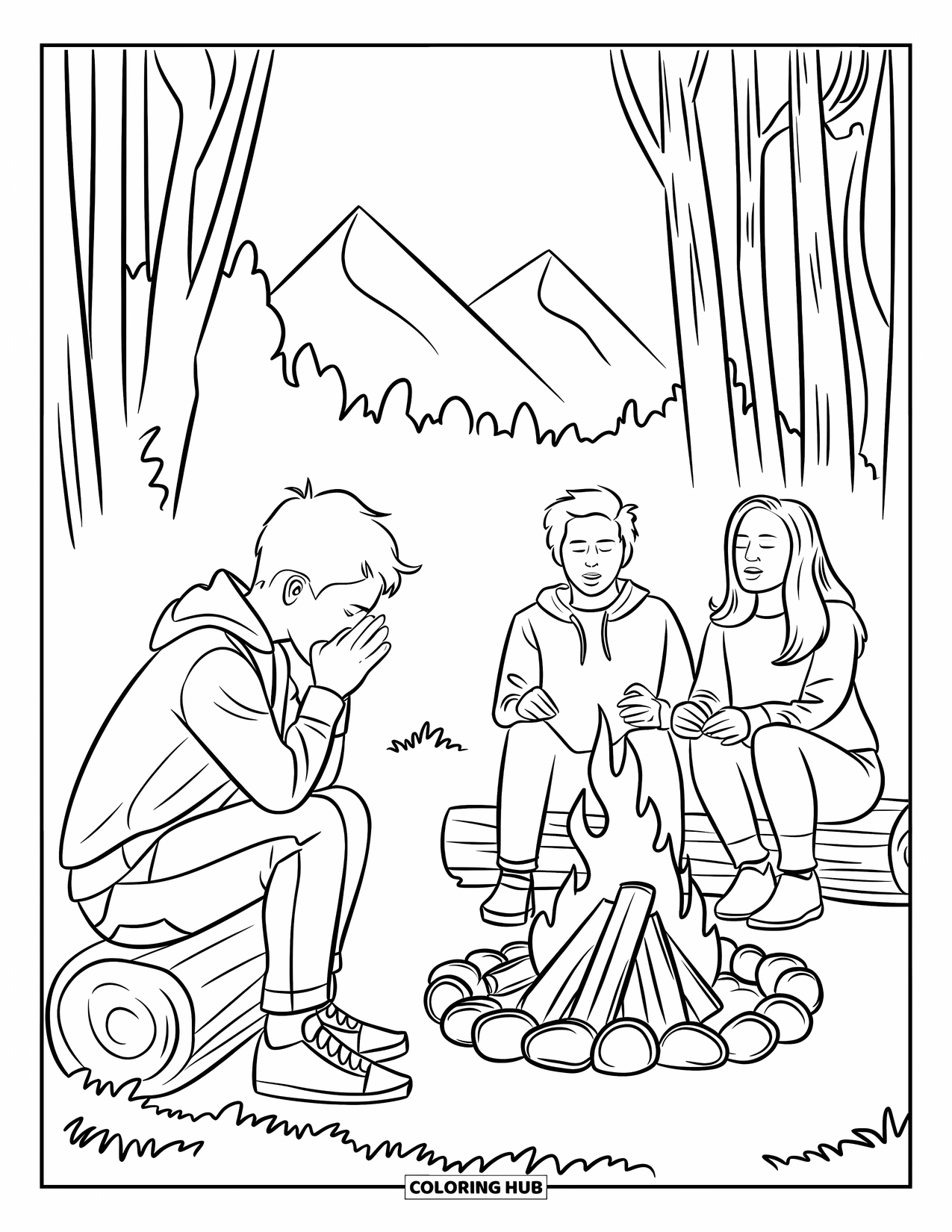 Christian Coloring Page for Kids: A teen prays silently by a campfire while two friends sing nearby under the trees