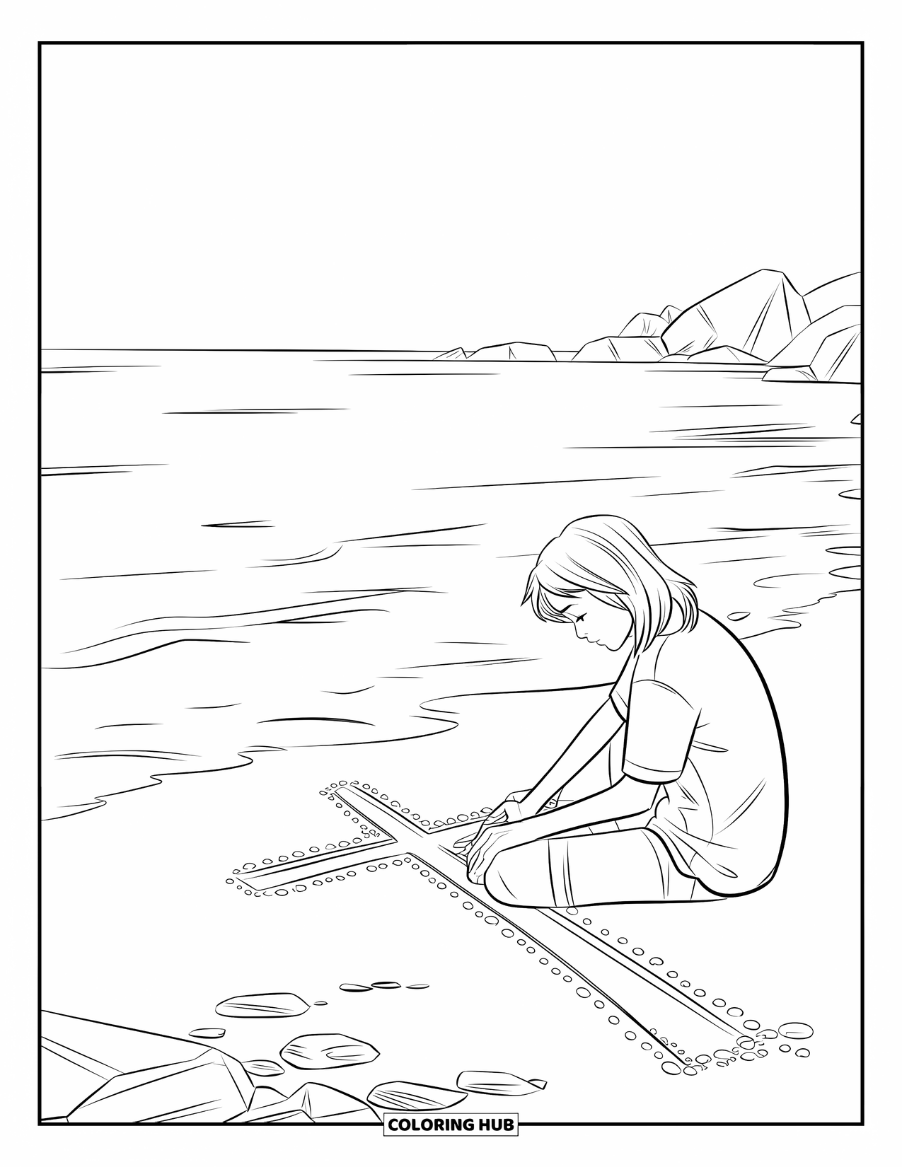 Christian Coloring Page for Kids: A teen with long hair draws a large cross into the sand near calm ocean waves