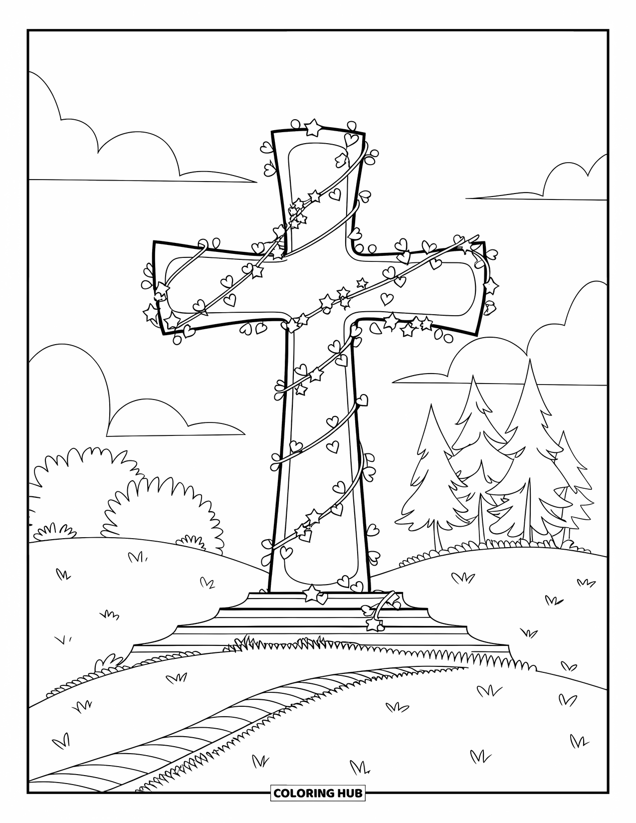 Christian Coloring Page for Kids: A vine-covered cross with hearts and stars stands atop a hill under a clear sky