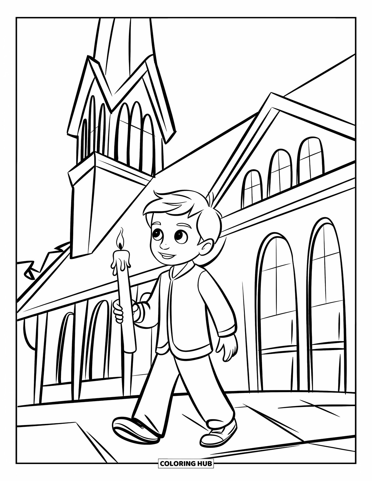 Christian Coloring Page for Kids: A young boy with a candle walks toward a church steeple under the night sky