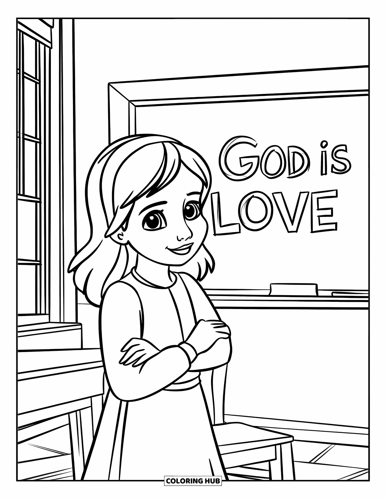 Christian Coloring Page for Kids: A young girl with a blue dress stands near a chalkboard that reads "God is Love"