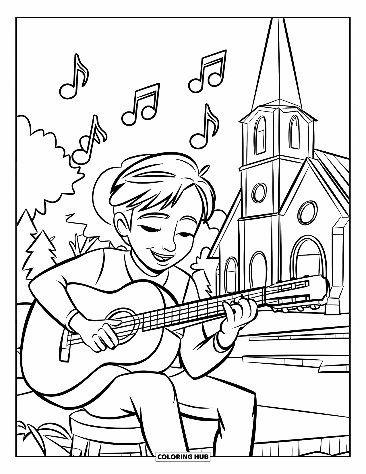 Christian Coloring Page for Kids: A young guitarist strums near a church surrounded by a few trees and floating music notes