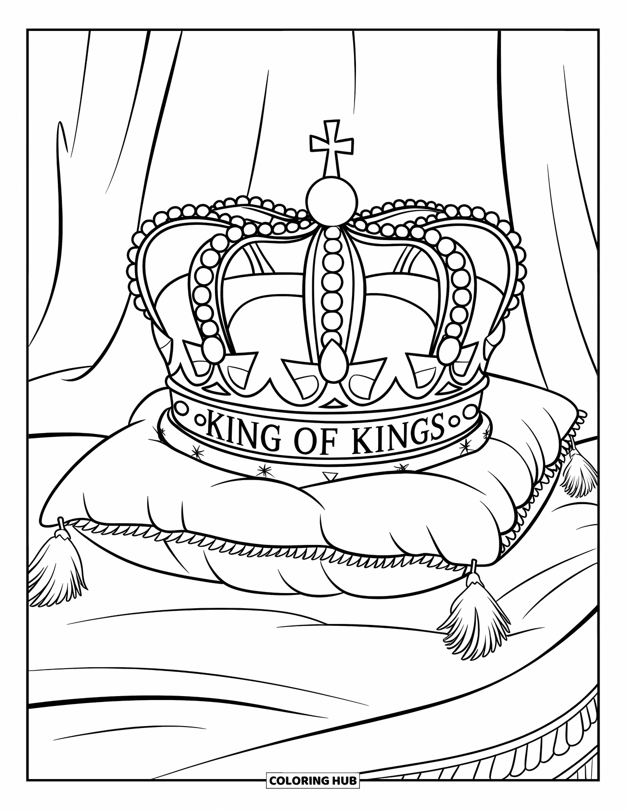 Christian Coloring Page for Kids: An ornate crown labeled "King of Kings" sits on a fluffy pillow with small feathers spilling out
