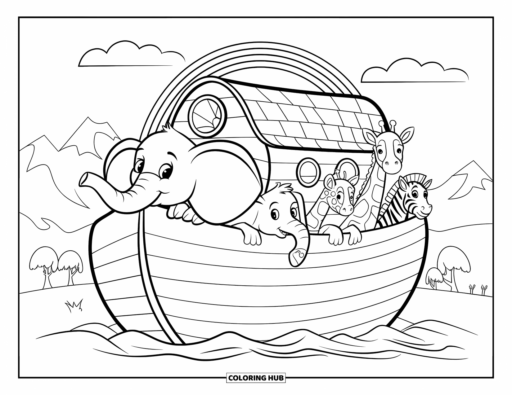 Christian Coloring Page for Kids: Elephants, giraffes, and zebras peek out from Noah's Ark under a rainbow and peaceful hills